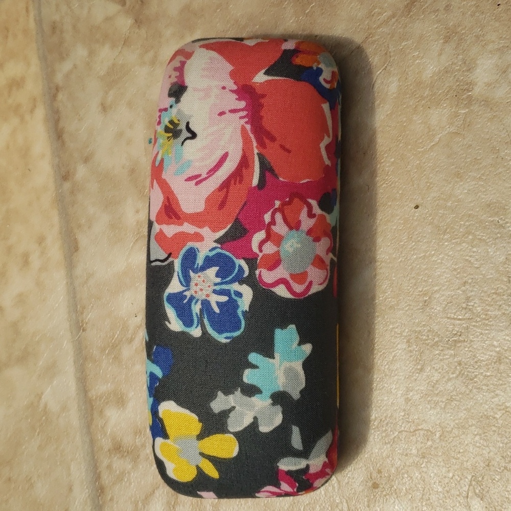 Vera Bradley hard clamshell eyeglass case, multicolor floral on blue background